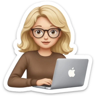 iOS style emoji, upper body view: blonde girl with dark blonde wavy hair, wearing pantos-style glasses and a brown sweater, sitting with a laptop, flat vector design, soft pastel colors, white background, Apple emoji style, upper body shot sticker