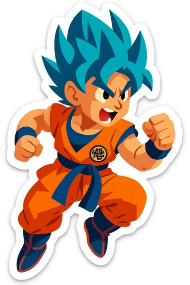 Goku with blue hair, inspired by Dragon Ball, in a dynamic pose, vibrant colors sticker