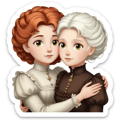 Two Victorian women embracing in a close hug, one with bright white coiffed hair and one with dark copper coiffed hair, both with light eyes, wearing Victorian high-neck dresses sticker