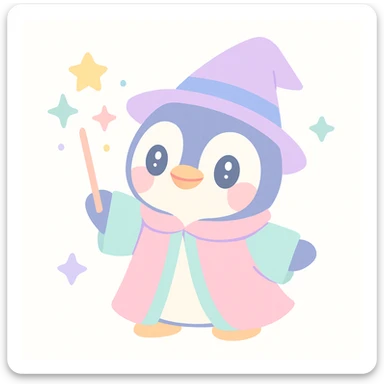 a cute penguin wizard casting a spell, wearing a robe and holding a wand, magical sparkles around sticker
