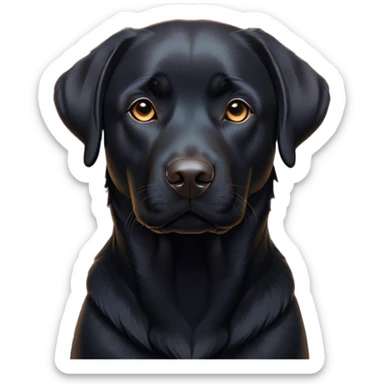 Cinematic Noble Black Labrador Portrait Emoji, Poised and regal, with a robust, muscular build and a sleek, shiny pure black Fur, deep-set soulful brown eyes, Simplified yet sharp and sophisticated features, highly detailed, glowing with a soft, dignified glow, high shine, intelligent and gentle, stylized with an air of confidence, focused and attentive, soft glowing outline, capturing the essence of a watchful and loving companion, so majestic it feels as though it could bound out of the screen with effortless authority! sticker