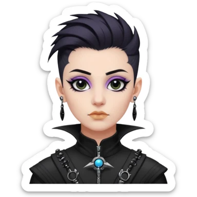 nonbinary space scientist with dark hawk hair and shaved sides, black bridge piercing and ear tunnels, goth eyeliner sticker