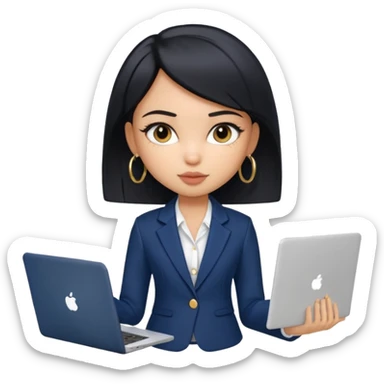 a pretty bratz girl with straight black short hair wearing a dark blue blazer and carrying a laptop. gold small hoops sticker