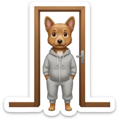Dog in sweatpants looking out a door sticker