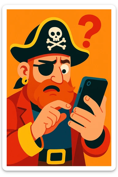 cartoon style pirate struggling to use a modern smartphone, confused expression, classic pirate hat, eyepatch sticker