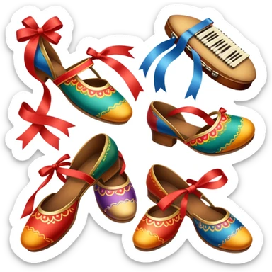 Icon for Folk Dance: close-up traditional dance shoes, colorful folk costumes, and a dance circle with ribbons and musical instruments like a tambourine or accordion. The icon should represent the vibrant and cultural aspects of folk dancing. Transparent background. sticker