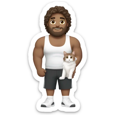 big gym guy with brown hair holding a white maine coin cat sticker