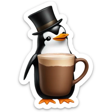 Penguin drinking hot chocolate with a top hat sticker