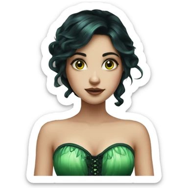 Fairy with long black hair pale skin deep green wings and green corset sticker