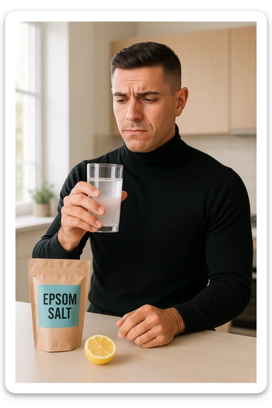 A realistic, bright photo-style image of a young man in his 30s standing in his kitchen, holding a clear glass filled with water in which Epsom salt (magnesium sulfate) has been dissolved. He looks focused but slightly uncertain as he prepares to drink it for a liver flush or digestive cleanse. The glass shows slight cloudiness from the dissolved salt. On the counter are a packet labeled 'Epsom Salt' and a sliced lemon, suggesting he might use it to mask the taste. The setting is clean, natural, and bright with neutral tones. The background shows sunlight streaming through a window, emphasizing a clean, minimalist health-focused environment. The mood conveys a realistic, calm moment of self-care with a hint of discomfort, illustrating a natural detox practice sticker
