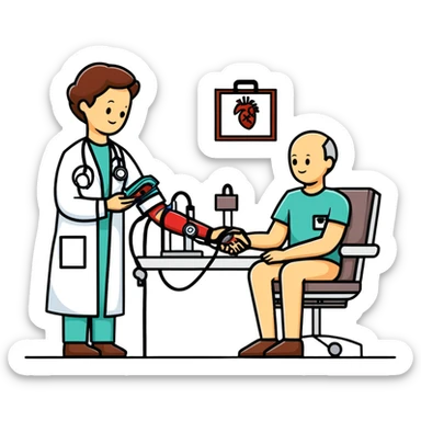 Doctor checking patient's blood pressure during annual medical check-up, healthcare screening sticker