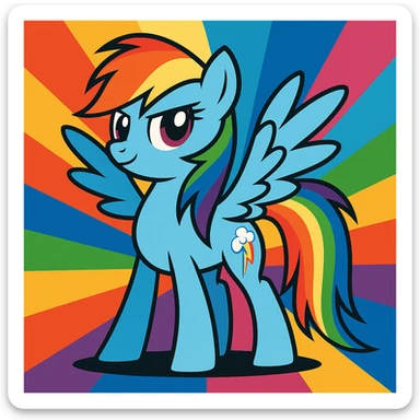 Rainbow Dash from My Little Pony, standing proudly, wings spread, colorful background sticker