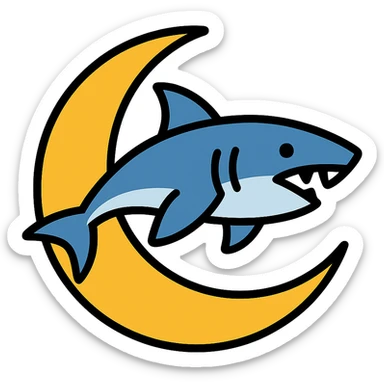 Make the shark swimming across the moon, keep the color outline icon style sticker