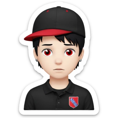 zombie boy emoji with black emo hair and piercing, black polo shirt with Lyon logo, red cap with number 9 sticker