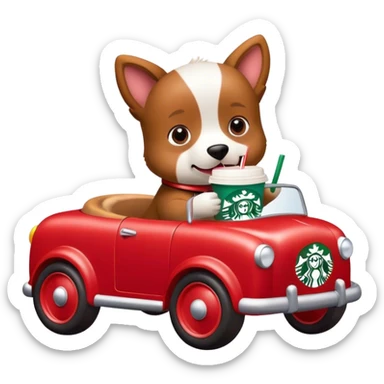 Dog riding in a baby toy car with Starbucks in its hand sticker