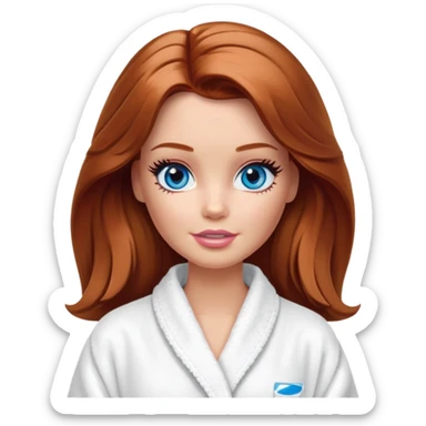 Barbie's face eyes blue with shoulder-length reddish-brown hair, makeup, cream smeared on her face , in a bathrobe with sticker