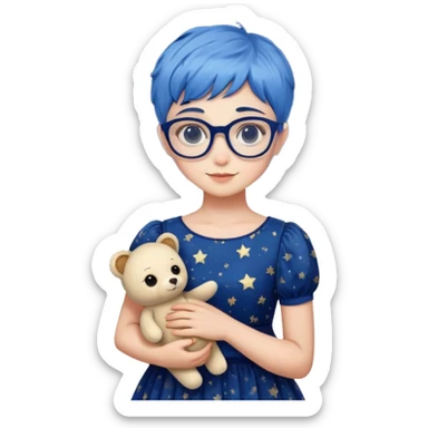 26 year old female wearing glasses, short blue pixie hair, a starry night inspired dress holding a stuffed animal  sticker