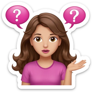 girl with long wavy brown hair, brown eyes, light to medium complexion, in a pink shirt, pink lips, long lashes, shugging, question mark one speech bubble sticker