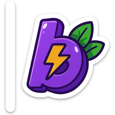 plump vibrant Boosty logo cartoon style purple 'b' with lightning bolt cutout bold outline expressive shadows glossy highlights no background bright leaves arranged neatly behind logo one side slightly higher other slightly lower not symmetrical sticker