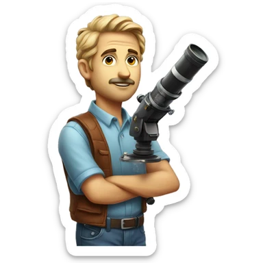astronomer with a telescope and in his shirt printed as "ASTRONOMERS CLUB" sticker