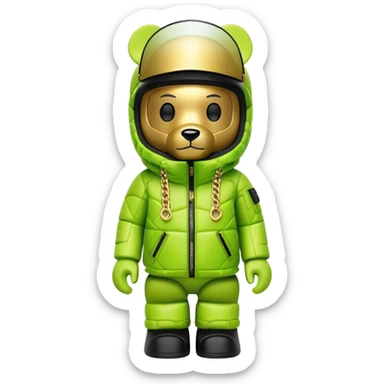 geometric bearbrick in lime graffiti balaclava wearing large snowboard style panoramic shield visor with single continuous lens, no eye division, luxury down jacket with fur, gold chains sticker