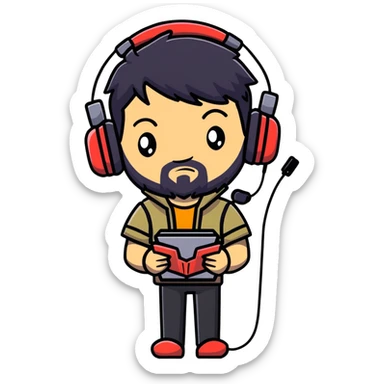 Anime-style character with black hair, brown eyes, black beard, and gaming headset, Japanese animation style sticker
