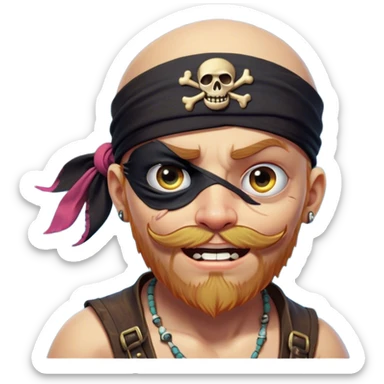 Clash of Clans aesthetic Comical Pirate Portrait Emoji, Head tilted dramatically with an exaggerated, fun expression and wide, comically expressive eyes behind a quirky eye patch, featuring a rugged yet cartoonish build with a playful bandana and natural skin tone, Simplified yet hilariously expressive features, highly detailed, glowing with a slightly sassy oceanic glow, high shine, dramatic yet playful, stylized with an air of cheeky maritime mischief, soft glowing outline, capturing the essence of a meme-worthy pirate who brings humor to epic quests! sticker