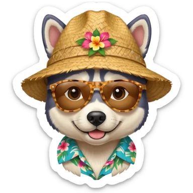 hasky with sunglasses and straw hat, hawaii shirt sticker