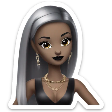  Seku-kyabakura Bunny Wends Addams Barbie.  Small very light skin face. Black lipstick and eyeshadow. Earrings matching necklaces. Long silky raven hair. Dress that’s off-the-shoulders shows her legs and black high heel.  sticker