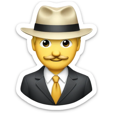 A blond white man with a suit, a tie, a fedora hat, a mustache, and a smirk sticker