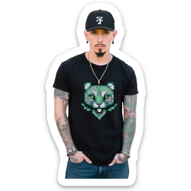 a man with a shaved head, goatee, pierced ear, and green eyes, wearing a black baseball cap, black shirt, jeans, and tattoos on one arm, pixel art style, facing forward sticker