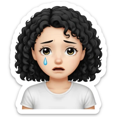 a pretty fair bratz girl with black curly hair, crying, wearing a white tshirt sticker