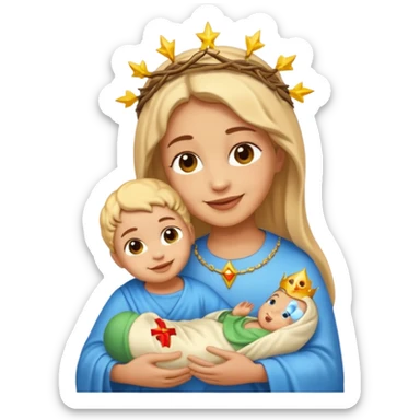 light skin Mary smiling at light skin baby Jesus, emoji style sticker
