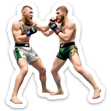 Iconic MMA match between Conor McGregor and Khabib Nurmagomedov in the octagon. McGregor throws a powerful punch while Khabib counters with a takedown attempt. The crowd roars in the background as the fighters showcase their intense rivalry. Transparent background captures the high-stakes fight sticker