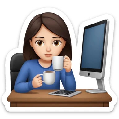 A brunette girl with dark brown eyes, dark circles under eyes, tired, sad face, with a mug of coffee in one hand and sitting in front of a computer sticker