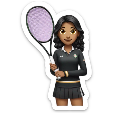 indian girl teenager holding a tennis racket wearing a black tennis uniform with wavy black hair sticker
