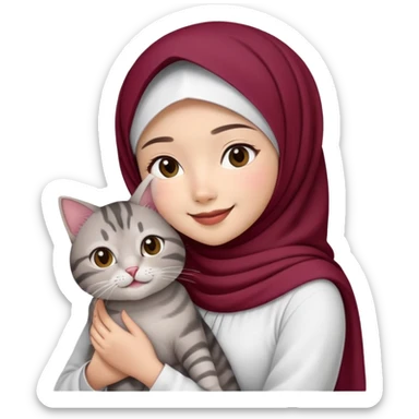 Asian White girl wearing maroon hijab and white dress holding a black grey tabby cat while smiling.  sticker