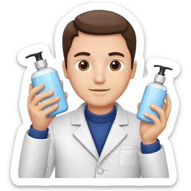 man with white coat holding skincare products sticker