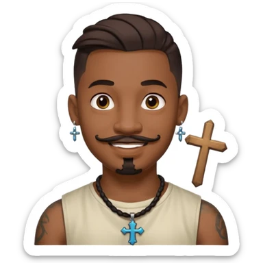 Deci creează mi un emoticon cu un băiat mai creol care are doar o coadă are cercel intr o ureche are tatuaje și barba cioc și mustața și are lanț la gât cu cruce sticker