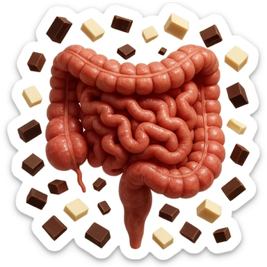 pezzetti di cioccolato fondenti, al latte e bianchi fluttuano intorno ad un intestino umano anatomico realistico, IPERREALISTICO 4K sticker