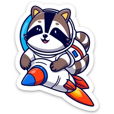 raccoon astronaut riding a rocket sticker