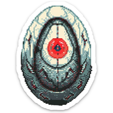a strange large transparent alien egg, floating inside with a visible creature inside, embryonic, fetal shape creature, 3 glowing red eyes, illuminated from above sticker