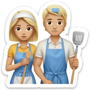 A blonde women slaving away cleaning a kitchen while her blonde husband scowls at her sticker