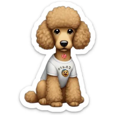 Light brown poodle seated and wearing a t-shirt of Eddie Vedder sticker