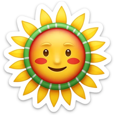 A flat emoji-style icon with three horizontal stripes: red on top, white in the middle, green on the bottom. A bright golden sun in the center with exactly 21 evenly spaced rays. Simple shapes, bold colors, no text, no gradients, transparent background, clean system-emoji look. sticker