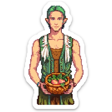 elf male Sleeveless vest with palm-leaf print, basket of exotic fruits (mango/lychee), sunburned nose. sticker