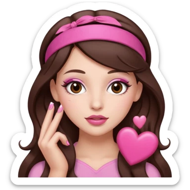 Pink and clothes emoji, inspired with brunette hair, brown eyes, long hair, heart shape lips and pink make up  and pink nails, mauve pink blush and a chocolate brown bandw sticker
