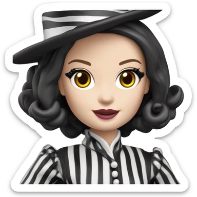 Kentucky Derby Barbie, 1910 Wednesday Addams from academy, in dark-gray and black striped outfit with hat. Smiling Driving Mercedes convertible sports car. Pale-white porcelain skin.  sticker