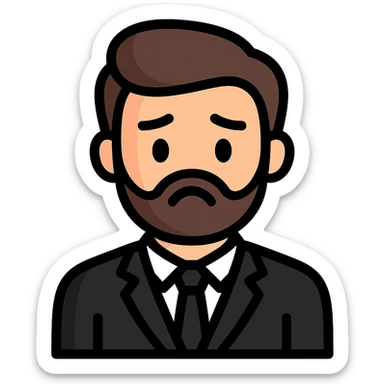 Create a simplified, vector-style Twitch emoji version of the person in the photo. Focus on the face and upper torso, dressed in a suit, with a sad expression. Background should be transparent and the style should be clean and minimalistic, suitable for Twitch emoji use. sticker