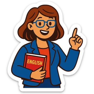 woman English teacher with brown hair, holding a book, vibrant toon style sticker